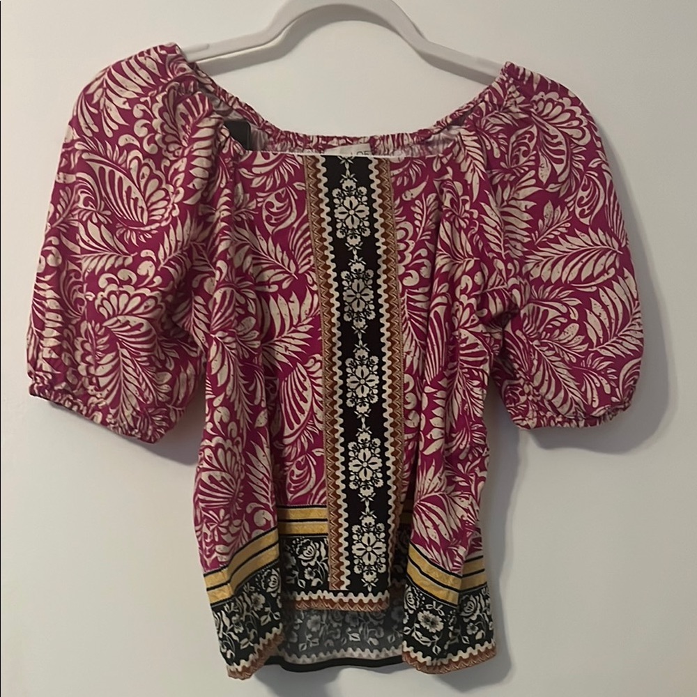 LOFT Pink and White Smocked Puff Sleeve Blouse